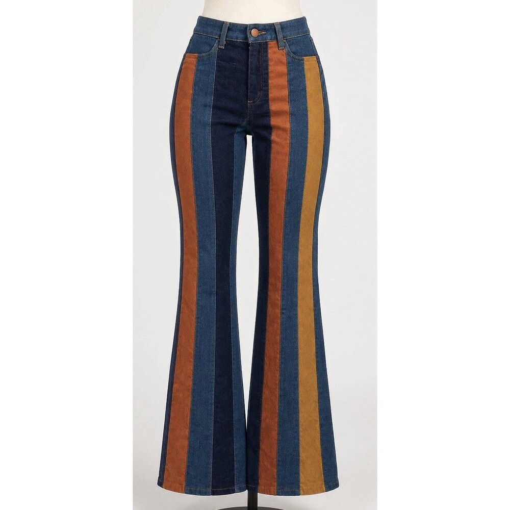 Altar’d State Jeans 26 Velvet Striped Flare Bell Bottom Boho 70s Colorblock